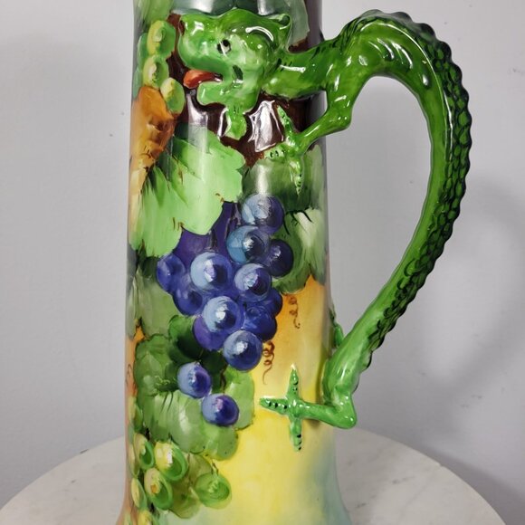 VINTAGE HUGE 15" JPL LIMOGES HAND PAINTED GRAPES DRAGON HANDLE TANKARD PITCHER - Picture 13 of 16
